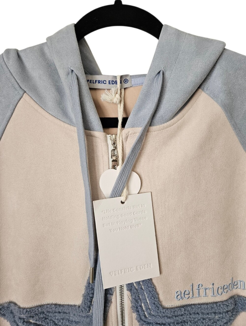 Aelfric Eden Star Patch Suede Colorblock Full Zip Hoodie Jacket Blue Cream M — image 4 of 8
